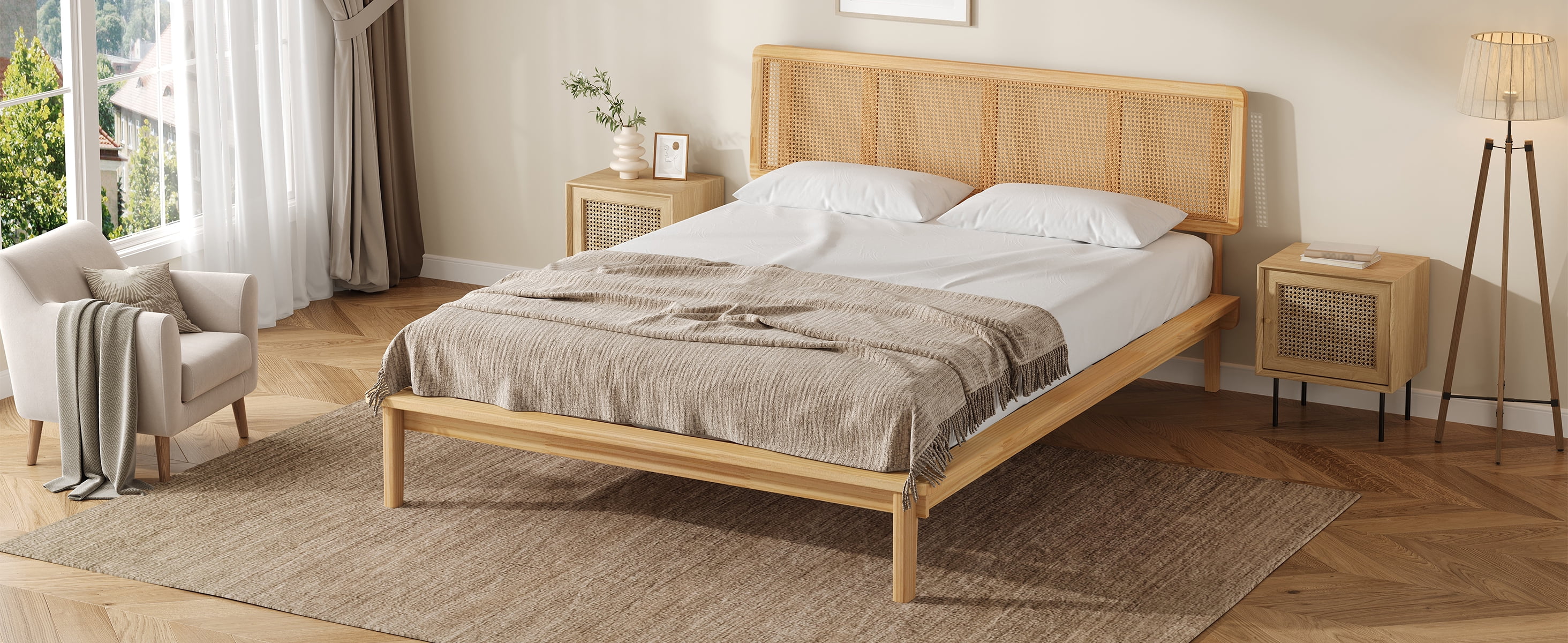 Noble House Modern Rattan Platform Bed,Cane Headboard & Footboard with Natural Woven Panels,Mid-Century Bed Frame,Walnut