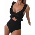 thumbnail image 3 of One Piece Swimsuit for Women Tummy Control Ruffle Bathing Suit V Neck Ruched Swim Suit Slimming Cutout Swimwear Black M, 3 of 7