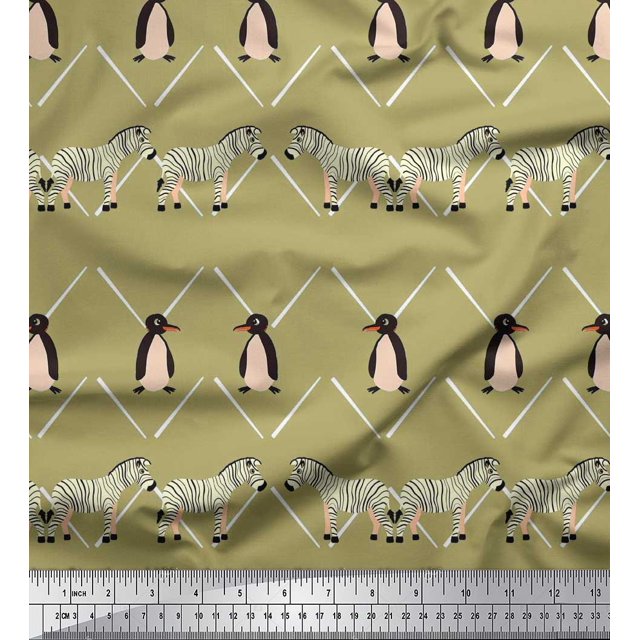 Soimoi Green Modal Satin Fabric Penguin & Stripe Animal Print Sewing Fabric BTY 42 Inch Wide
