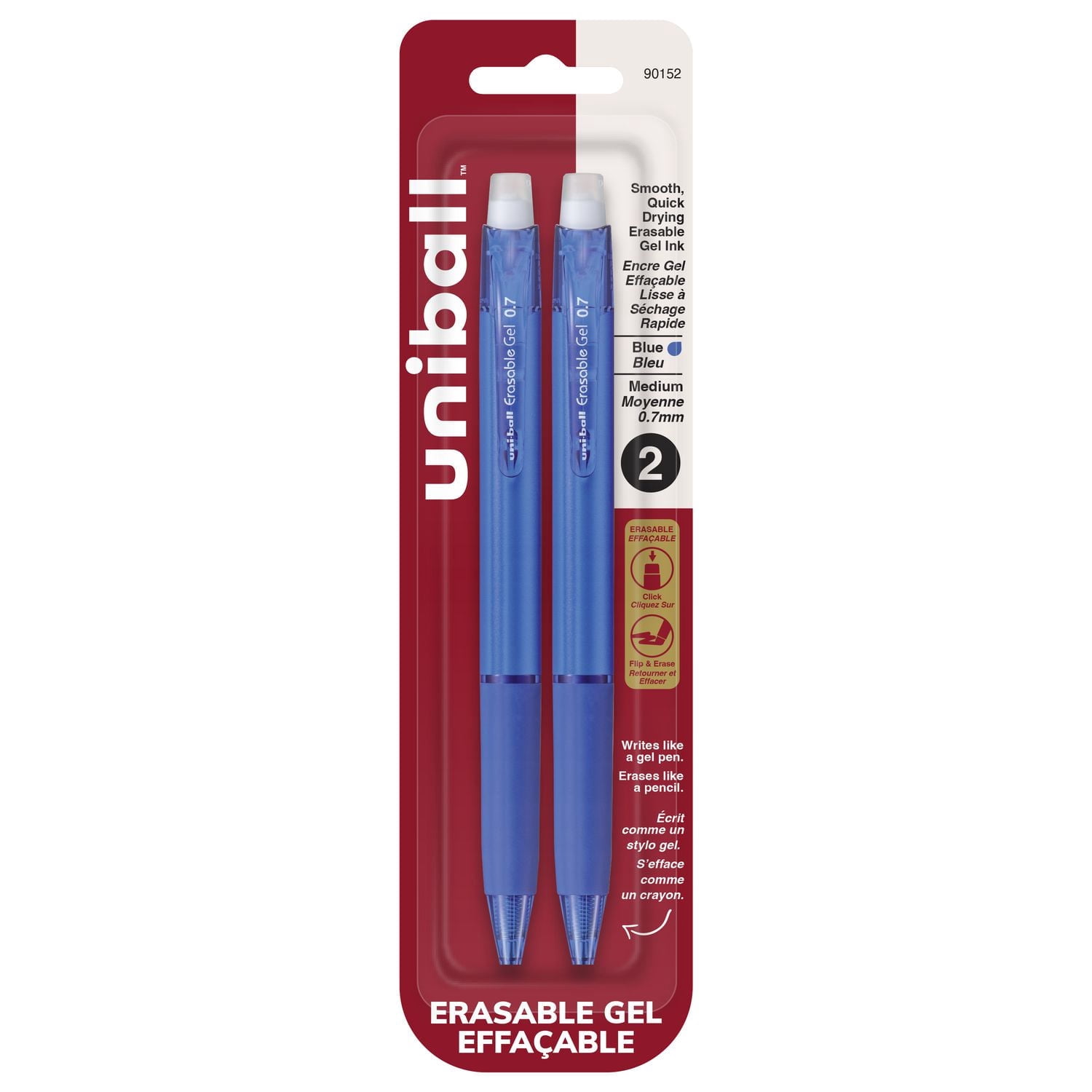 uniball™ Erasable Gel Retractable Pens, Medium Point (0.7mm), Blue, 2 Pack