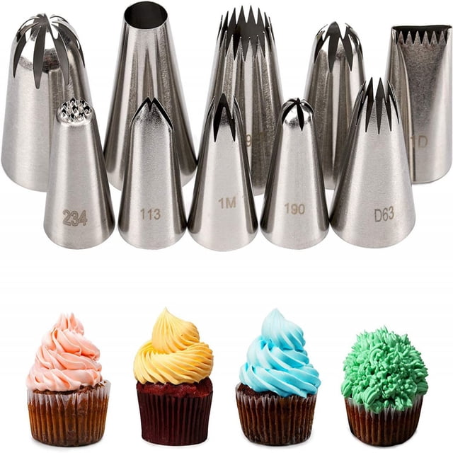 Cake Decorating Icing Piping Tip Set, 10 X-Large Decorating Tips Centered front-facing view of ten oversized 304 stainless-steel seamless piping tips (round, open star, closed star, French star, drop flower, rosette, grass, leaf, basketweave) with extra-large 20-piece thick pastry bags stacked behind; tips resist rust and are suitable for piping cake frosting, cupcakes, cookies and mashed potatoes, and are often used to carry small piping supplies when traveling.