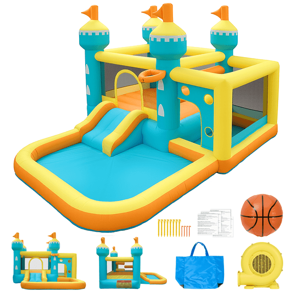 Entil Maison Gonflable à Rebond avec Zones de Jeu 5-en-1, Cadeau Château Gonflable avec Glissade et Piscine, Certifié FCC et CPC, Bleu/jaune