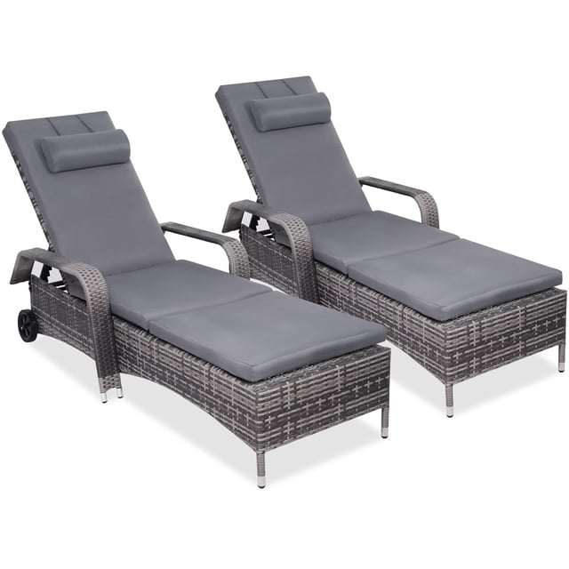 Costway Lot de 2 Chaises Longues Inclinables en Rotin avec Coussins pour Patio, Mobilier Réglable avec Roues