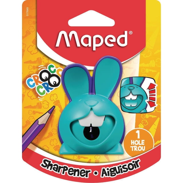 Maped Croc Croc Innovation Taille-Crayon - Bleu, un Taille-Crayon à un Seul Trou en Forme de Lapin Bleu avec de Grandes Oreilles et des Dents Blanches Mobiles, Doté d'Un design Breveté pour un Aiguisage Fluide, Affiché sur un Emballage Jaune et Rouge avec le logo Maped et l'Étiquette « 1 Trou ».