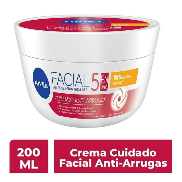 Nivea Anti-Wrinkle 5-in-1 facial cream in a 200ml container, designed as a face moisturizer with antioxidants and hydro nutrients for intensive hydration and firming. The packaging highlights rapid absorption, non-greasy texture, and 88% natural origin formula.