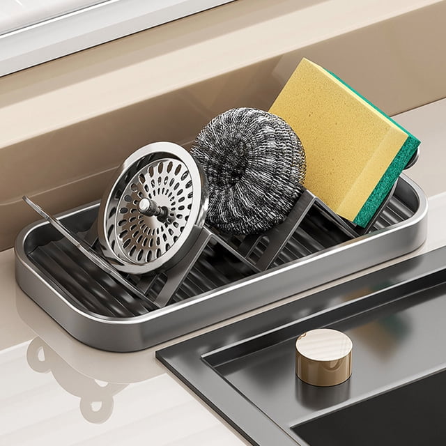 CaiYueKe Soap Dish Organizer with Drain, Bathroom Kitchen Sink Storage Rack, Plastic Soap Holder Tray for Soap Sponge Scrubber, Bear Ear Design Countertop Organizer
