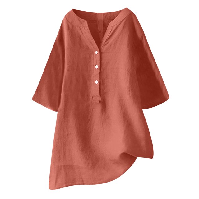 AherBiu Plus Size Tops for Women Cotton Linen Half Button Notch V Neck Oversized Summer Tops Shirt Blouse