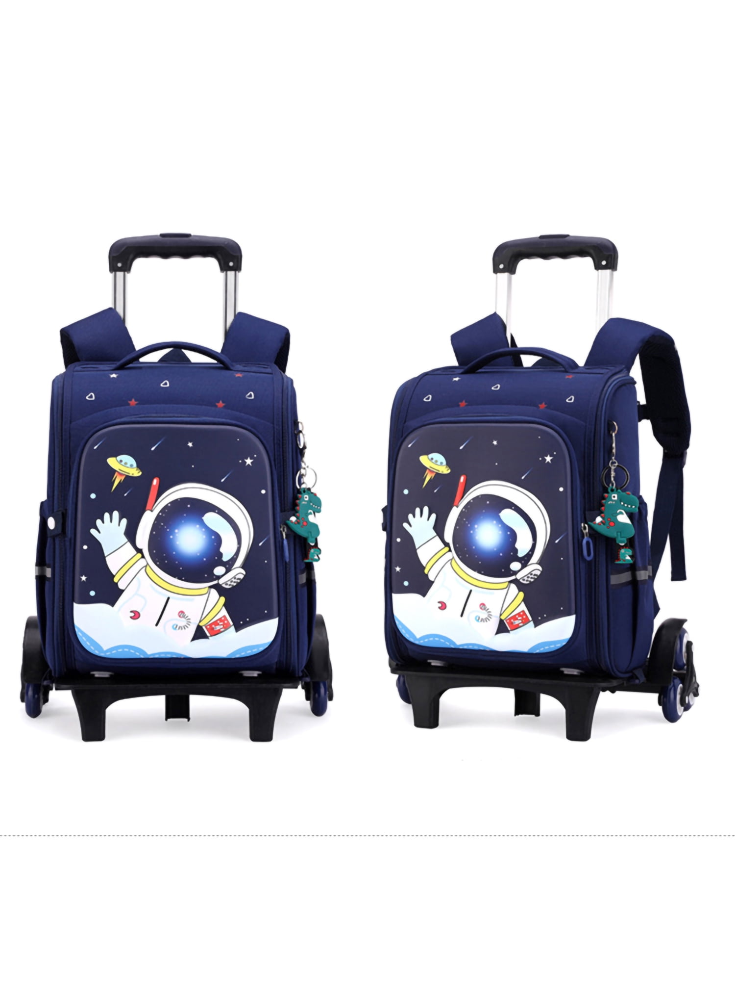 MAWCLOS Boys Bookbag Top Handle Daypack Anti-Theft Waterproof Rolling Backpack Multi Pockets Kids Infantry Pack Shoulder Bags Girls Spaceman L with Trolley And Pendants