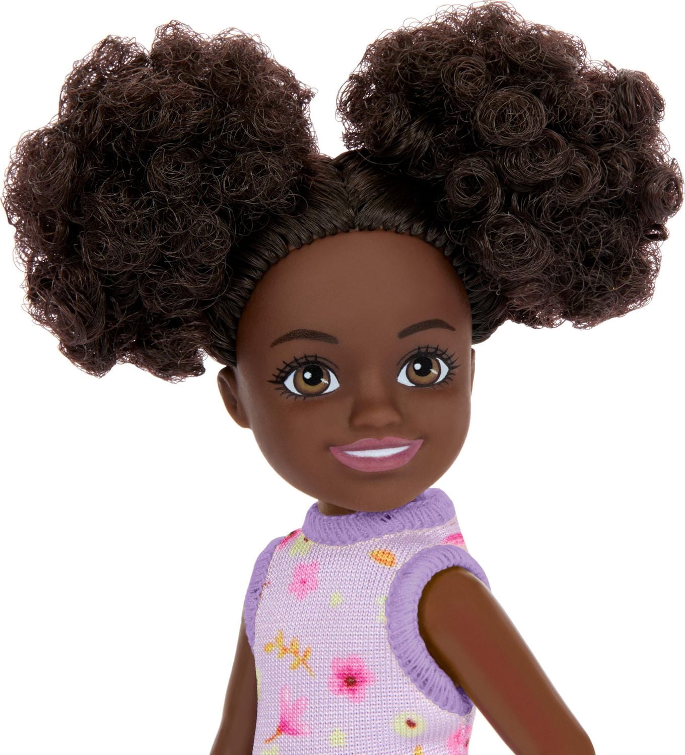 Barbie  Chelsea  Petite poupée  Robe florale, chignons, yeux bruns