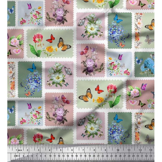 Soimoi Green Rayon Fabric Floral & Insect Patchwork Print Fabric by The Yard 56 Inch Wide