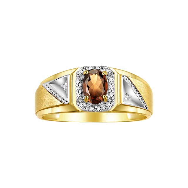 RYLOS Men's Rings Yellow Gold Plated Silver Classic 7X5MM Oval Gemstone & Diamond Ring Smoky Quartz June Birthstone Rings For Men Size 9