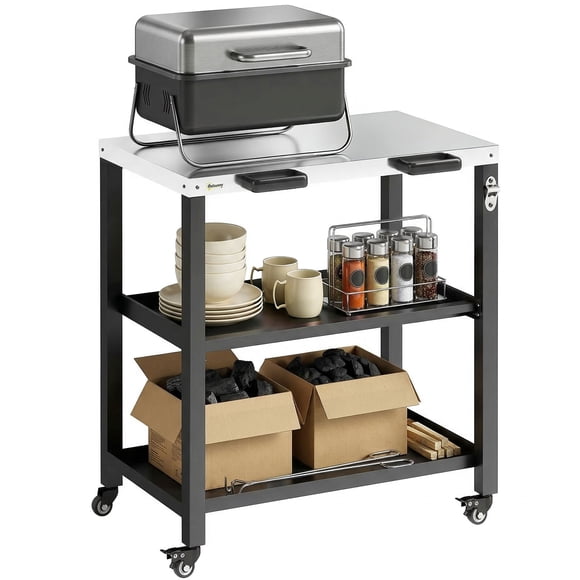 Outsunny Outdoor Grill Cart with Stainless Steel Tabletop, 2 Shelves
