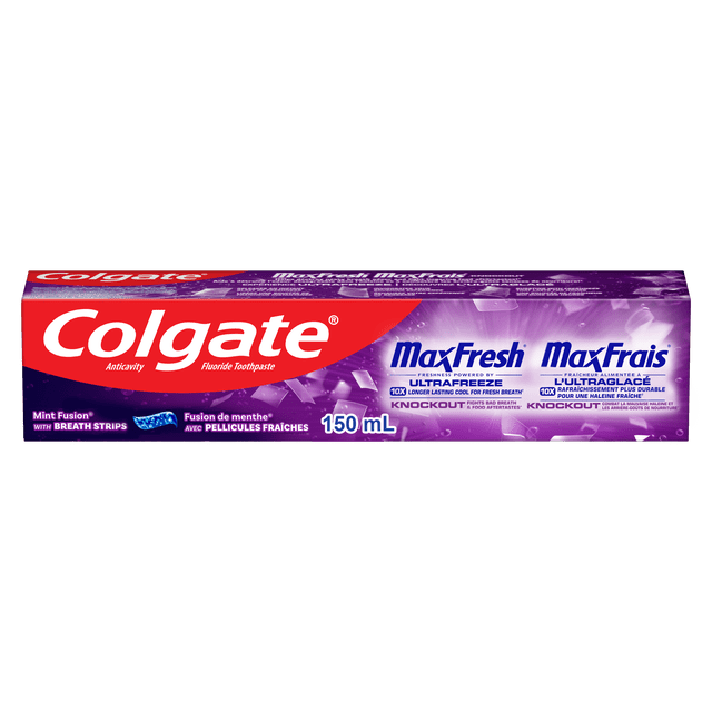 Colgate MaxFresh Knockout Mint Toothpaste 150 mL in a rectangular box with red and purple colors, featuring the Colgate logo and MaxFresh branding, fluoride toothpaste with ultrafreeze technology, breath strips for long-lasting fresh breath, and odor neutralizing formula that helps fight cavities and food aftertastes.