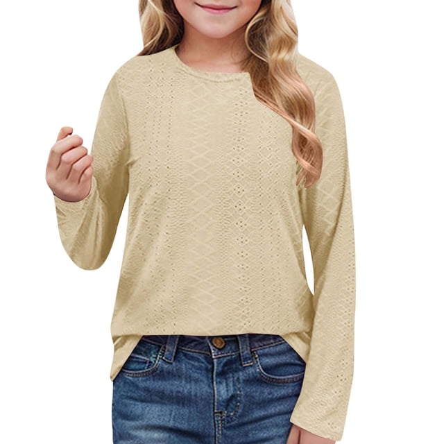 MeetoTime Girls Long Sleeve Solid Color Shirts Cute Crewneck Casual Blouses Children's Spring Fall Undershirt