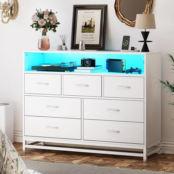 Towallmark 7 Drawers Dresser for Bedroom, White Dresser Tv Stand with Charging Station and Led Lights, Modern Wooden Large Capacity Storage Dresser, Dressers & Chest of Drawers