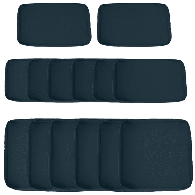 Outsunny 14Pcs Outdoor Cushion Covers in dark blue, designed for patio furniture. Includes 6 seat cushion covers and 8 back cushion covers (6 large, 2 small). Made of durable polyester fabric, these covers protect cushions from mould and moisture, and are machine-washable for easy maintenance. Suitable for rattan sofa sets and Outsunny SKU: 860-020MX.
