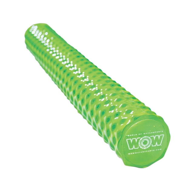 WOW Dipped Foam Pool Noodle lime green with ribbed texture and heavy-duty vinyl coating, measuring 5.5 inches wide by 46 inches long, supports up to 250 pounds, suitable for pool games, exercise, and outdoor water activities.