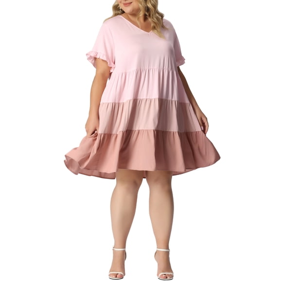 GRACE & GRANDEUR Women's Plus Size Ruffle Short Sleeves Flowy Swing Hem Chambray Midi Dress 2X Pink