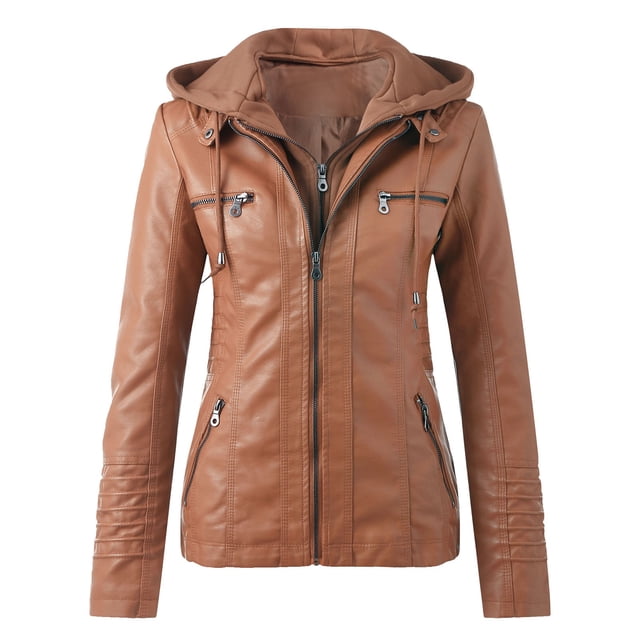 Veste de Moto Zippée à Col Montant en Cuir Mince pour Femmes, Manteau Veste avec Ceinture en Matériau PU Brun Uni. Comprend un Col Montant, des Manches Longues, Plusieurs Poches Zippées et une silhouette Ajustée. Convient au Port Décontracté Ou Quotidien à l'Automne. Idéal comme Veste de Moto, Exposée à l'Avant avec des Détails de Surpiqûres Visibles et un design à Capuche.