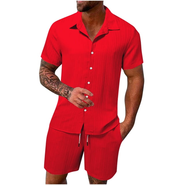 TIMIFIS Ensembles Courts 2 Pcs pour Hommes Rouges Chemises en Coton et Lin Manches Courtes Shorts de Plage Décontractés Tenues de Yoga d'Été Automne