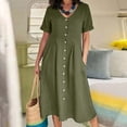 thumbnail image 3 of Cameland Mode Femme Été Décontractée Col en V Uni Manches Courtes Bouton Poche Robe en Coton et Lin, 3 of 9