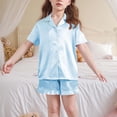 thumbnail image 3 of BLVB Girls Pajamas Satin Pajama Set Silk Pjs Short Sleeve Button down Shirts Summer Ruffle Sleepwear for Big Kids 5-15Y, 3 of 6
