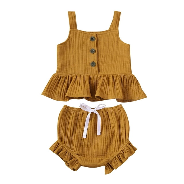 Newborn Baby Girls Button Sleeveless Crop Tops + Mini Shorts Outfits 2pcs Clothing Set