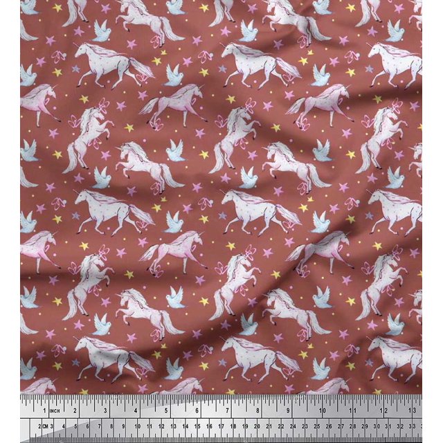 Soimoi Poly Georgette Fabric Dot,Star & Unicorn Animal Printed Fabric 1 Yard 52 Inch Wide