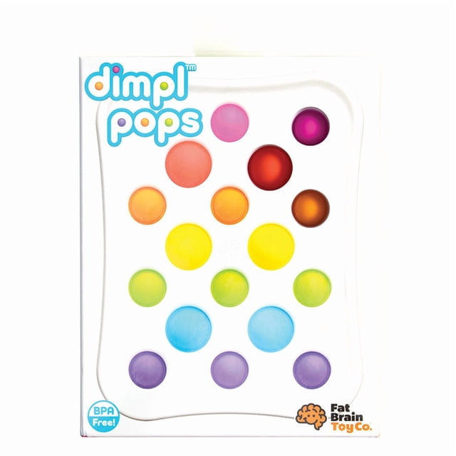 Dimpl Pops sensory tablet by Fat Brain Toys featuring 18 multicolour silicone bubbles set in a durable white ABS plastic frame. Designed for tactile stimulation and fidgeting, suitable for ages 3 and up. BPA-free and made with food-grade silicone.