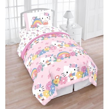Hello Kitty 'Arc-en-ciel Floral' Ensemble de Literie 4 Pièces pour Lit 1 Place, Rose, Sanrio