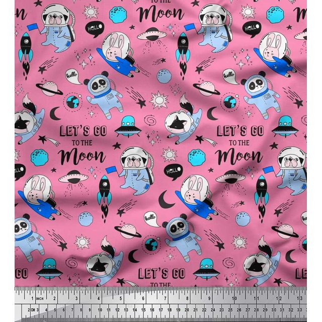 Soimoi Poly Georgette Fabric Planet,Rocket & Astronaut Animals Cartoon Print Fabric by Yard 42 Inch Wide