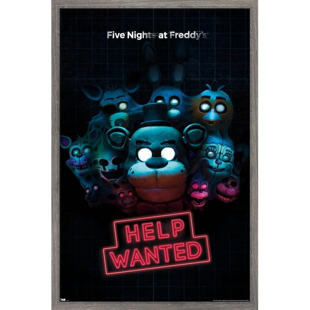 Five Nights at Freddy's - Affiche Murale Help Wanted, 22,375 Po x 34 Po, Présentant des Personnages Animatroniques aux Yeux Lumineux du Jeu sur un Fond à Grille Sombre avec un Ours central Portant un Haut-de-Forme au-Dessus d'Un Panneau Néon Rouge « Help Wanted », Imprimée sur Papier Lustré, Convient à la Décoration Murale de Chambre Ou de Bureau.