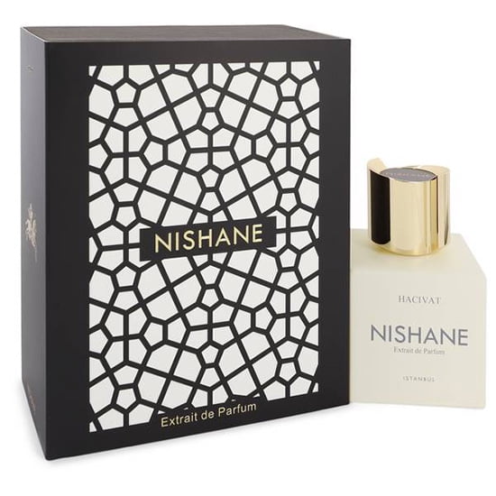 Hacivat par Nishane Extrait de Parfum en Vaporisateur (Unisexe) 50 ml. l'Image Affiche une Bouteille de 50 ml de Nishane Hacivat Extrait de Parfum avec une Bouteille Blanche Minimaliste et un Bouchon Doré, Accompagnée d'Une Boîte à Motif Géométrique Noir et Blanc avec le logo Nishane Bien en Vedette.