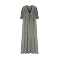 thumbnail image 4 of Pisexur Robes d'Été pour Femmes en Doux Lin-Coton Robes d'Été pour Femmes Décontractées à Col en V Manches 3/4 Robe Maxi Ample Confortable Fluide Robes pour Femmes Couleur Unie à Volants Boho Longues Robes P-2TG Gris, 4 of 5