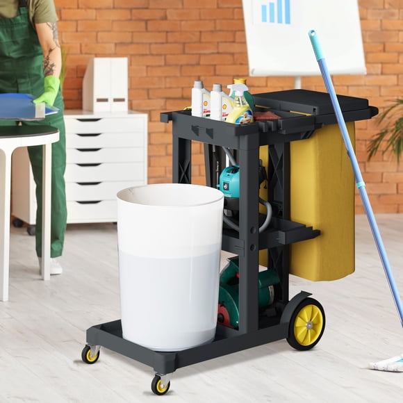 DEXTRUS Cleaning Cart 3-Tier Janitorial Trolley with Wheels, Durable Plastic, Two 25 Gallon Yellow Vinyl Bags, Rubber Gloves, Black