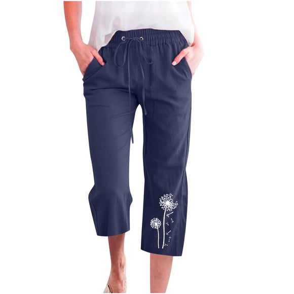 lcziwo Wide Leg Cotton Linen Capri Pants Women Dandelion Print Summer High Waist Casual Drawstring Straight Trousers Beach Lounge Cropped Pants Navy,XXL