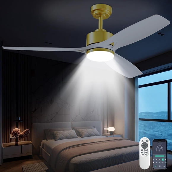 Ventilateurs de Plafond de 52 Pouces avec Lumières et Télécommande - Montage Affleurant Intérieur Extérieur Profil Bas Ventilateurs de Plafond Blanc Or pour Salon,Chambre,Patio
