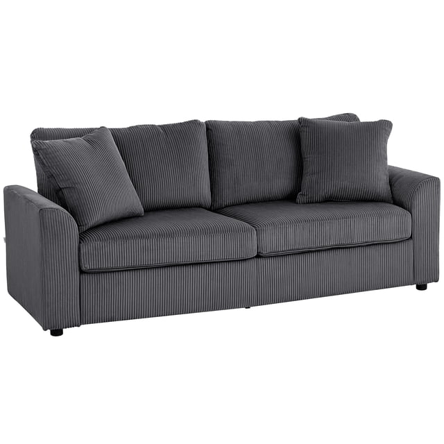 HOMCOM Canapé 3 Places, Sofa Rembourré pour Chambre, Gris Foncé. Cet Assise de Salon Présente un Tissu Côtelé Respirant avec une Finition Texturée, des Coussins à Ressorts et une Éponge Haute Densité pour un Confort Inégalé. Comprend Deux Coussins Dispersés et des Accoudoirs de Rail pour un Soutien Accru. Idéal pour Créer un Refuge Douillet. Dimensions : 83,5 Pouces de Large, 31,5 Pouces de Profondeur et 34,6 Pouces de Hauteur.
