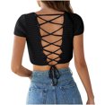 thumbnail image 4 of Square Neck Crop Tops for Women Short Sleeve Crochet Knit Going out Tops Basic Slim Cropped T Shirts, 4 of 4