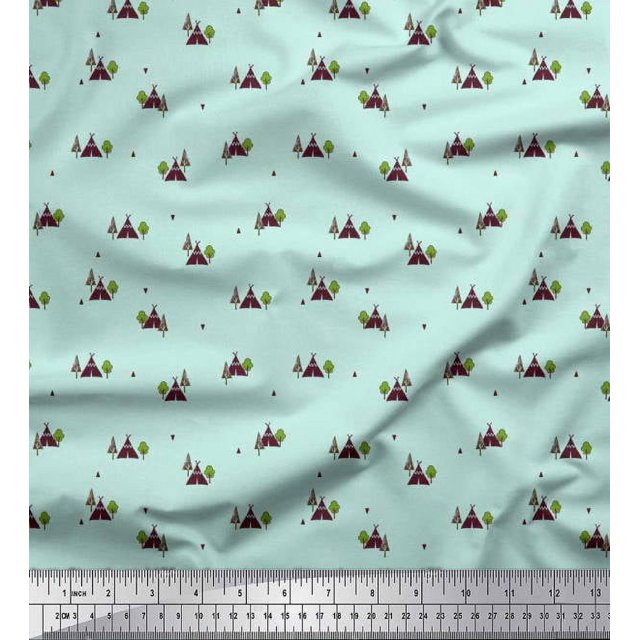 Soimoi Polyester Crepe Fabric Triangle,Tree & Tent Tribal Fabric Prints by Yard 42 Inch Wide