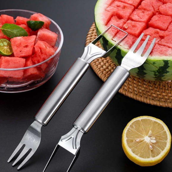 Stainless Watermelon Cutter Tool with Fork for Watermelon Pitaya Portable Kitchen Gadget for Camping Picnic Home Party Effortless Slicing, 4 Pc Watermelon Fruit Cutting Forks