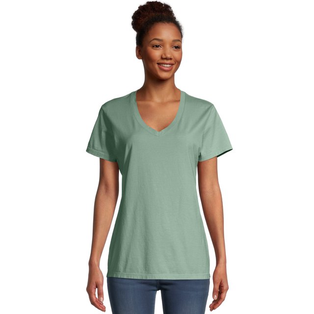 Hanes Tee-Shirt Col en V ComfortWash pour Femmes, P, Vert Cyprès