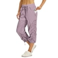 thumbnail image 2 of Womens Capris for Workout Pull on Cinch Bottom Quick Dry Cargo Pants Elastic Waist Adjustable Breathable Drawstring Cropped Pants with Pockets Purple S, 2 of 9