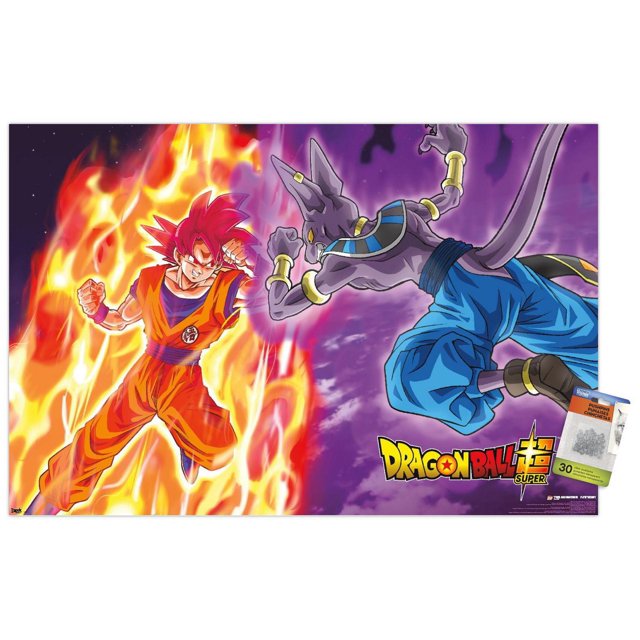 Dragon Ball : Super - Affiche Murale de Bataille de Dieux, 22,375 Pouces x 34 Pouces Représentant Goku en Forme de Dieu Super Saiyan Rouge Entouré de Flammes orange à Gauche, Face à Beerus, le Dieu Type Chat Violet en Pantalon Bleu et Accessoires Dorés à Droite, sur Fond Cosmique Violet avec le logo Dragon Ball Super en Bas à Droite. Convient à une Déco de Pièce Vibrante dans les Chambres, Bureaux Ou Dortoirs.
