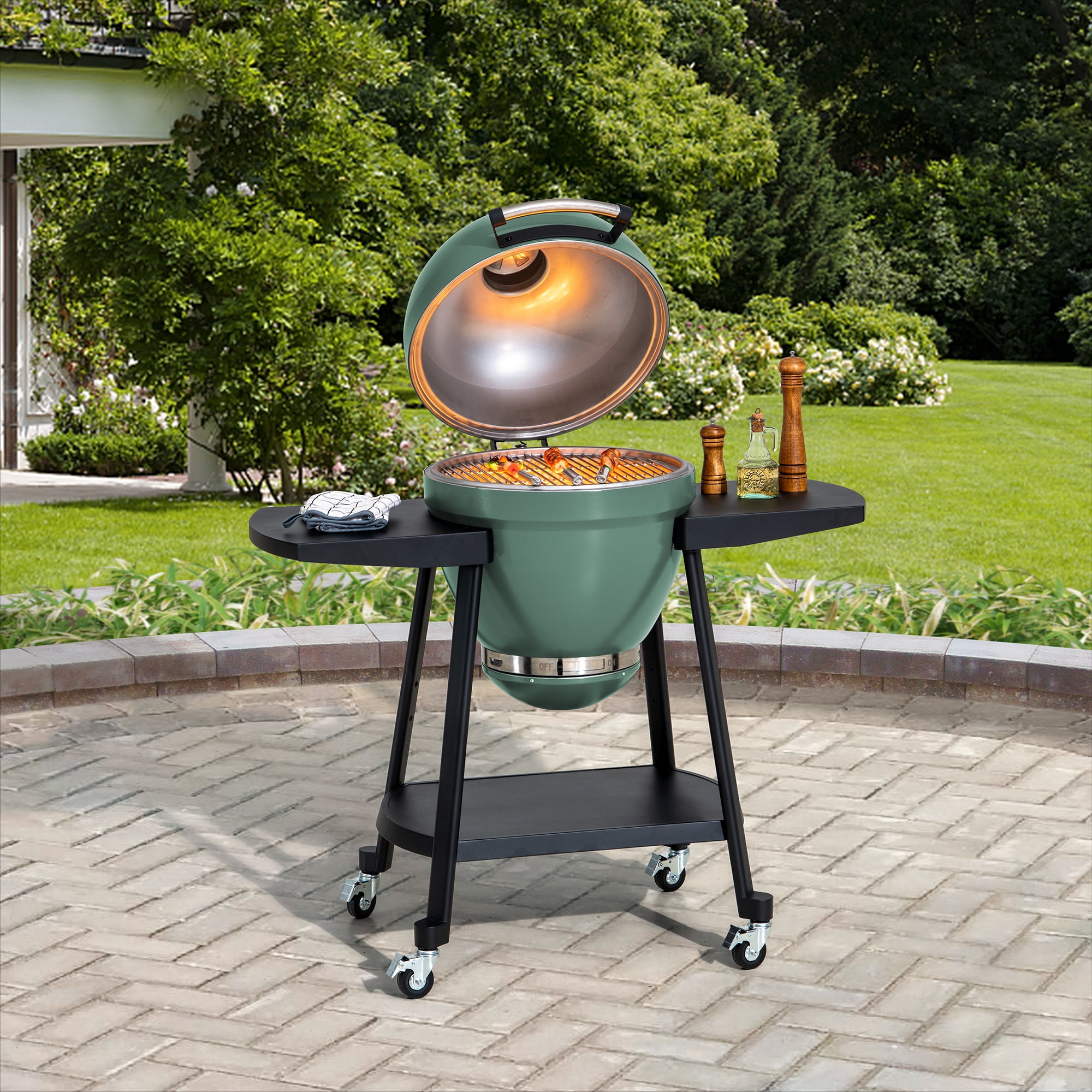 Sunjoy Barbecue au charbon Kamado 20 po – Gril extérieur de style œuf avec pierre à pizza, fonction fumoir, barbecue tout-en-un avec roues