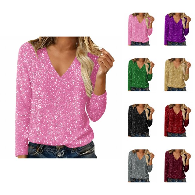 Hauts Scintillants pour Femmes 2026 Printemps à la Mode Manches Longues Col en V T-Shirt Décontracté à Paillettes Haut de Sortie Tenues de Rave