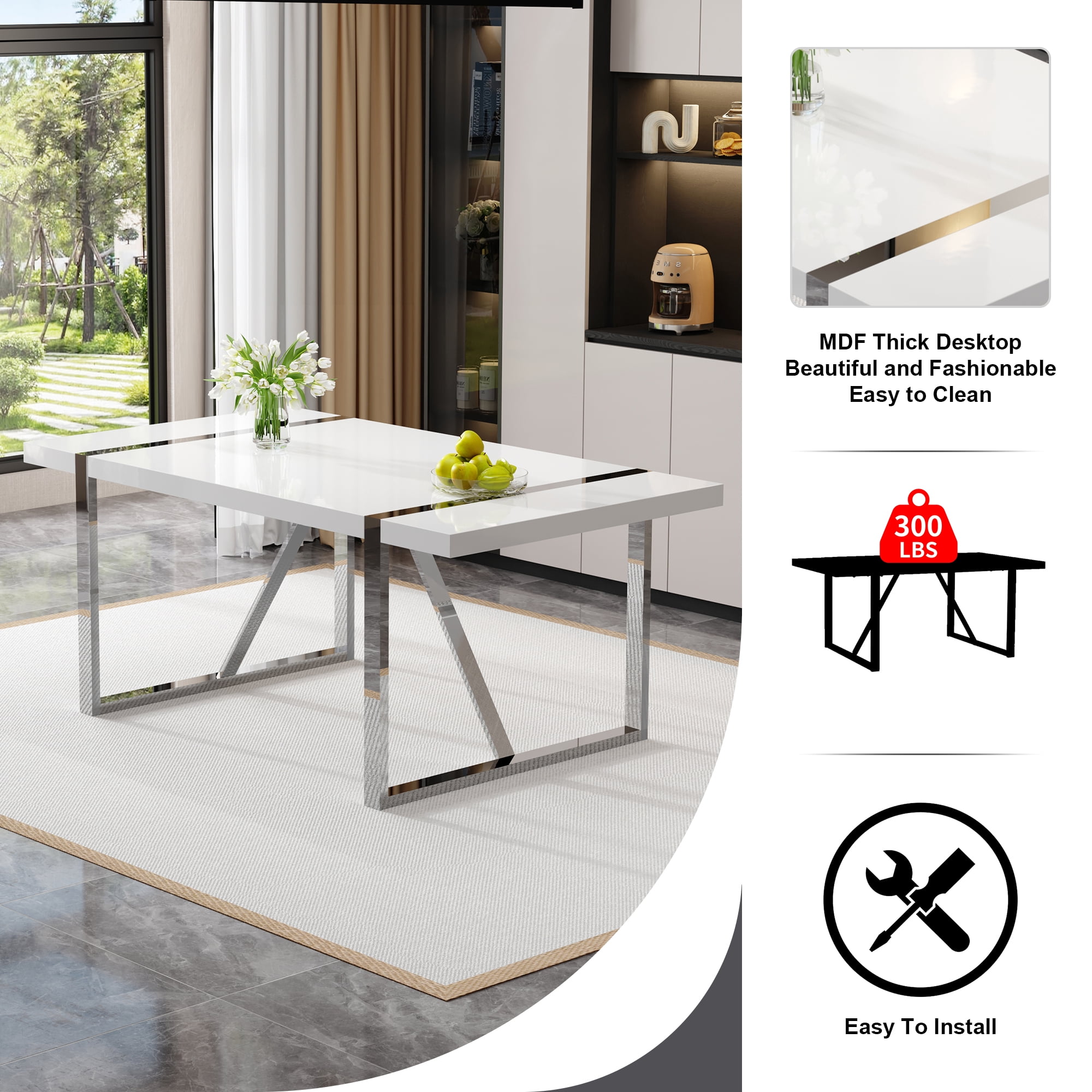 Noble House Industrial Rectangular Dining Table,2.3" Thick Wood Grain White MDF Top with Silver Metal Legs,White/Silver