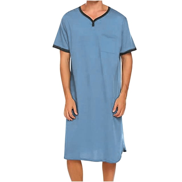 Chemise de Nuit Texturée en Coton pour Hommes, Robe de Nuit à Manches Courtes, Longue Robe, Blouse à Col en V, Haut de Pyjama, Coupe Ample et Décontractée, Confort, Chemise de Nuit Décontractée avec Poches