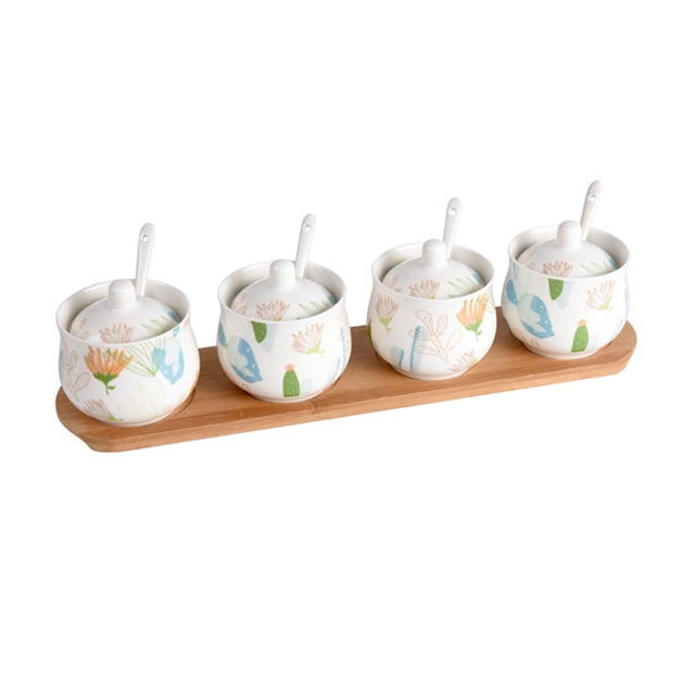 Ceramic Sugar Bowl With Lid, Porcelain Sugar Pot With Spoon, Small Salt Pot, Storage Jar , For Coffee Bar, Restaurant-Flower-4 Set