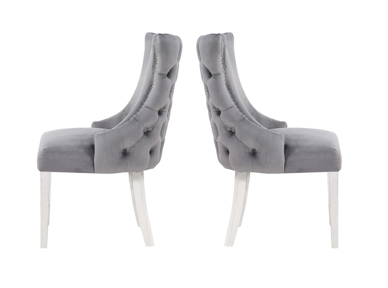 Chaise Odie en Gris, chaise de salle à manger avec garniture cloutée, chaise de salle à manger en velours, chaise de salle à manger avec pieds en acier inoxydable pour cuisine et salon - Ensemble 2
